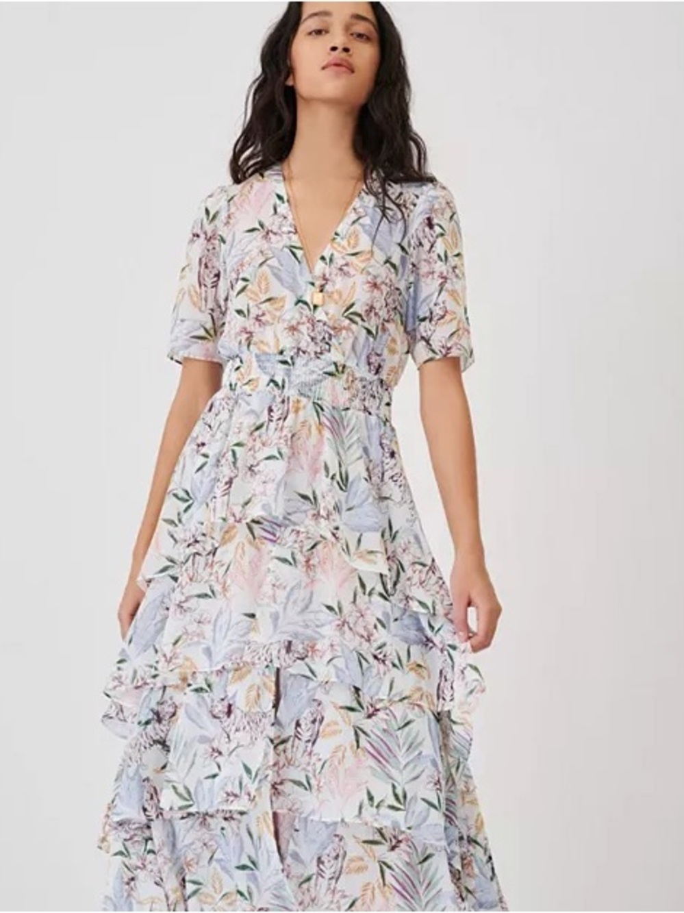 Maje Ruffle Asymmetrical Tiered Maxi Dress in White Jungle Floral Print